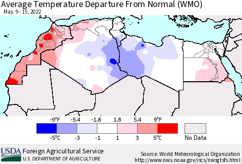 North Africa Average Temperature Departure from Normal (WMO) Thematic Map For 5/9/2022 - 5/15/2022