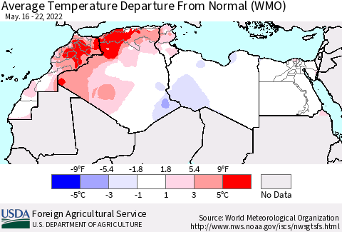 North Africa Average Temperature Departure from Normal (WMO) Thematic Map For 5/16/2022 - 5/22/2022