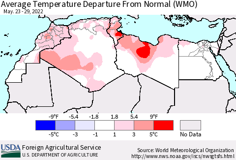 North Africa Average Temperature Departure from Normal (WMO) Thematic Map For 5/23/2022 - 5/29/2022