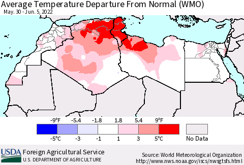 North Africa Average Temperature Departure from Normal (WMO) Thematic Map For 5/30/2022 - 6/5/2022