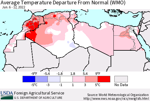North Africa Average Temperature Departure from Normal (WMO) Thematic Map For 6/6/2022 - 6/12/2022