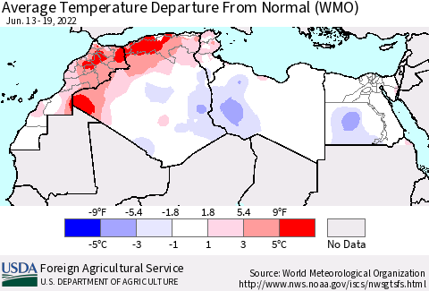 North Africa Average Temperature Departure from Normal (WMO) Thematic Map For 6/13/2022 - 6/19/2022