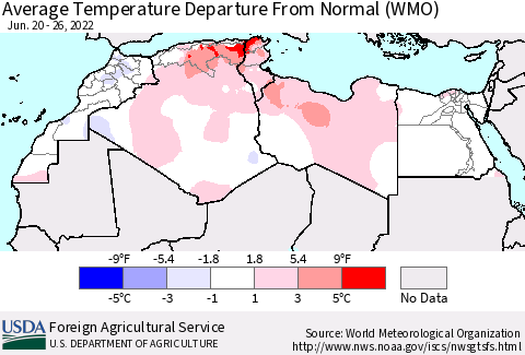 North Africa Average Temperature Departure from Normal (WMO) Thematic Map For 6/20/2022 - 6/26/2022