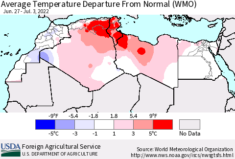 North Africa Average Temperature Departure from Normal (WMO) Thematic Map For 6/27/2022 - 7/3/2022