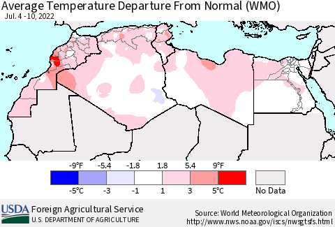 North Africa Average Temperature Departure from Normal (WMO) Thematic Map For 7/4/2022 - 7/10/2022