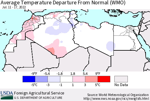 North Africa Average Temperature Departure from Normal (WMO) Thematic Map For 7/11/2022 - 7/17/2022