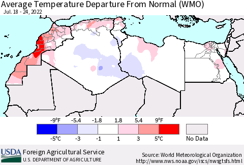 North Africa Average Temperature Departure from Normal (WMO) Thematic Map For 7/18/2022 - 7/24/2022