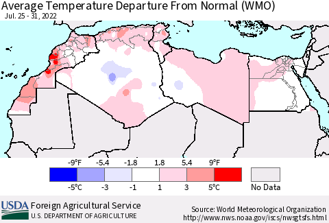 North Africa Average Temperature Departure from Normal (WMO) Thematic Map For 7/25/2022 - 7/31/2022