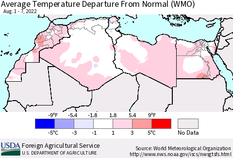 North Africa Average Temperature Departure from Normal (WMO) Thematic Map For 8/1/2022 - 8/7/2022