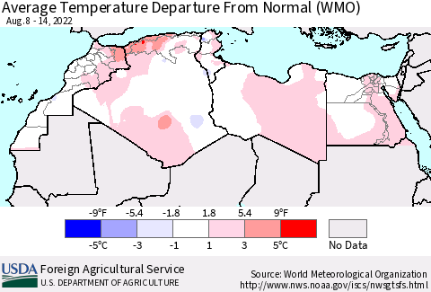 North Africa Average Temperature Departure from Normal (WMO) Thematic Map For 8/8/2022 - 8/14/2022
