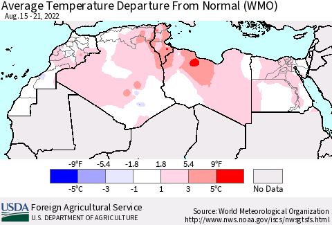 North Africa Average Temperature Departure from Normal (WMO) Thematic Map For 8/15/2022 - 8/21/2022