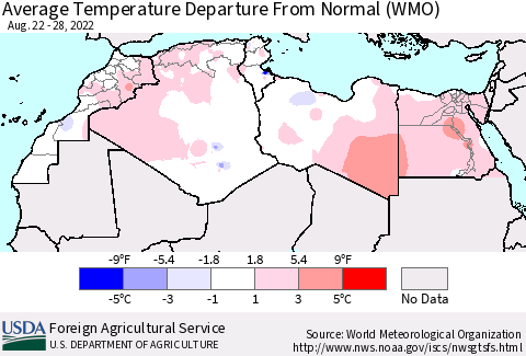 North Africa Average Temperature Departure from Normal (WMO) Thematic Map For 8/22/2022 - 8/28/2022