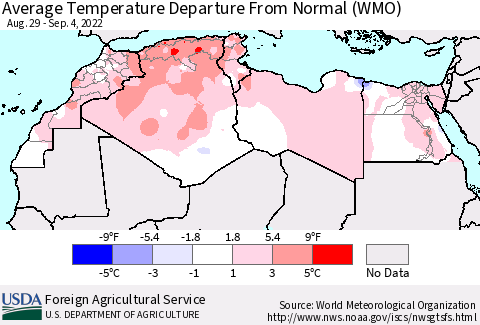 North Africa Average Temperature Departure from Normal (WMO) Thematic Map For 8/29/2022 - 9/4/2022
