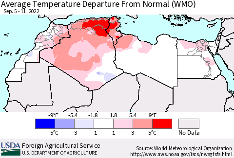 North Africa Average Temperature Departure from Normal (WMO) Thematic Map For 9/5/2022 - 9/11/2022