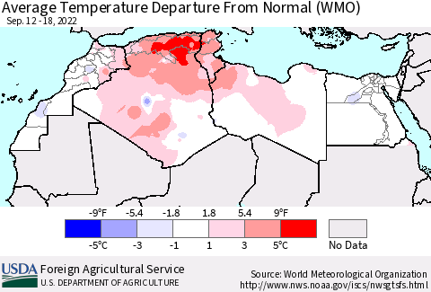North Africa Average Temperature Departure from Normal (WMO) Thematic Map For 9/12/2022 - 9/18/2022