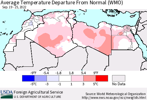 North Africa Average Temperature Departure from Normal (WMO) Thematic Map For 9/19/2022 - 9/25/2022