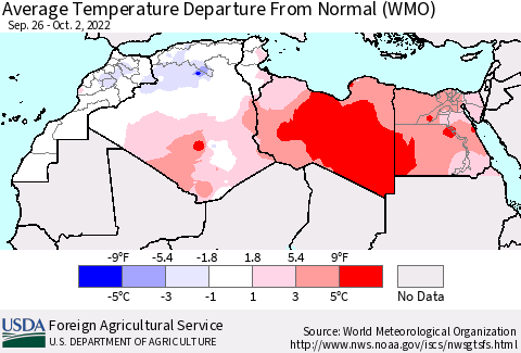 North Africa Average Temperature Departure from Normal (WMO) Thematic Map For 9/26/2022 - 10/2/2022