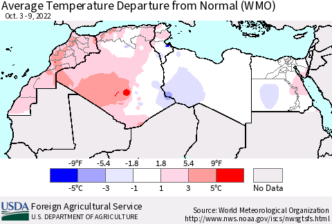 North Africa Average Temperature Departure from Normal (WMO) Thematic Map For 10/3/2022 - 10/9/2022