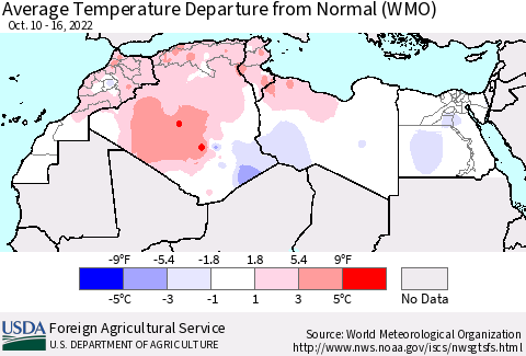 North Africa Average Temperature Departure from Normal (WMO) Thematic Map For 10/10/2022 - 10/16/2022