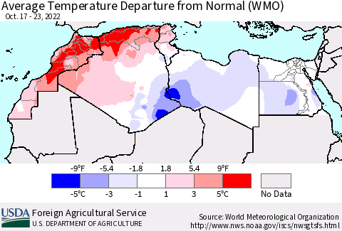 North Africa Average Temperature Departure from Normal (WMO) Thematic Map For 10/17/2022 - 10/23/2022