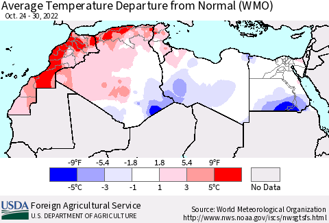 North Africa Average Temperature Departure from Normal (WMO) Thematic Map For 10/24/2022 - 10/30/2022