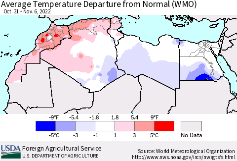 North Africa Average Temperature Departure from Normal (WMO) Thematic Map For 10/31/2022 - 11/6/2022