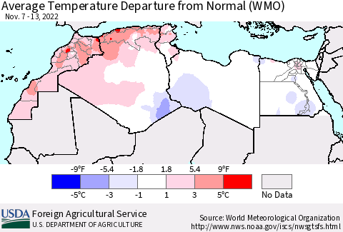 North Africa Average Temperature Departure from Normal (WMO) Thematic Map For 11/7/2022 - 11/13/2022