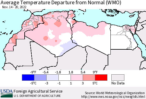 North Africa Average Temperature Departure from Normal (WMO) Thematic Map For 11/14/2022 - 11/20/2022