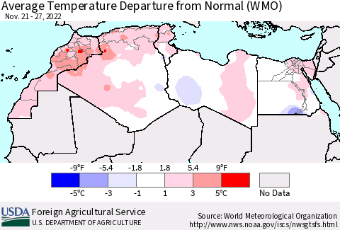 North Africa Average Temperature Departure from Normal (WMO) Thematic Map For 11/21/2022 - 11/27/2022