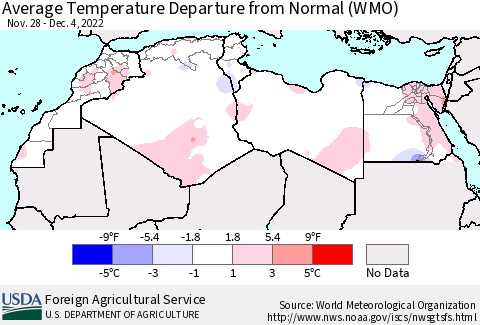 North Africa Average Temperature Departure from Normal (WMO) Thematic Map For 11/28/2022 - 12/4/2022
