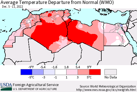 North Africa Average Temperature Departure from Normal (WMO) Thematic Map For 12/5/2022 - 12/11/2022
