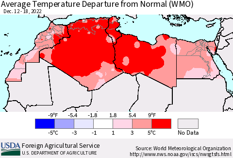 North Africa Average Temperature Departure from Normal (WMO) Thematic Map For 12/12/2022 - 12/18/2022