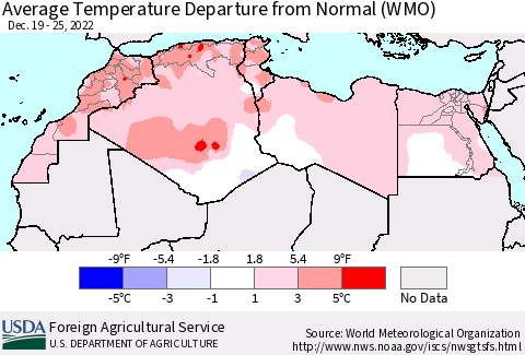 North Africa Average Temperature Departure from Normal (WMO) Thematic Map For 12/19/2022 - 12/25/2022