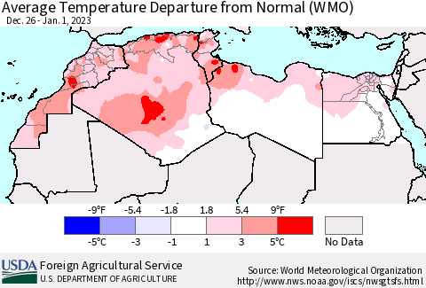 North Africa Average Temperature Departure from Normal (WMO) Thematic Map For 12/26/2022 - 1/1/2023