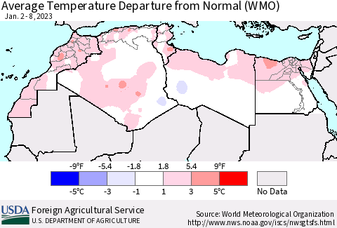 North Africa Average Temperature Departure from Normal (WMO) Thematic Map For 1/2/2023 - 1/8/2023