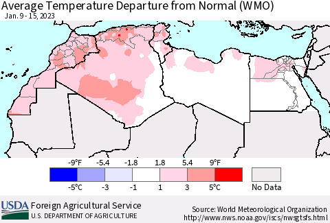 North Africa Average Temperature Departure from Normal (WMO) Thematic Map For 1/9/2023 - 1/15/2023
