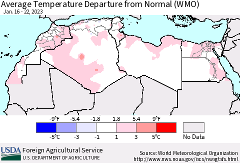North Africa Average Temperature Departure from Normal (WMO) Thematic Map For 1/16/2023 - 1/22/2023