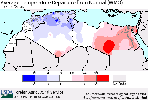 North Africa Average Temperature Departure from Normal (WMO) Thematic Map For 1/23/2023 - 1/29/2023