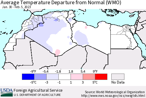 North Africa Average Temperature Departure from Normal (WMO) Thematic Map For 1/30/2023 - 2/5/2023