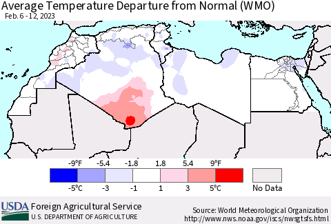 North Africa Average Temperature Departure from Normal (WMO) Thematic Map For 2/6/2023 - 2/12/2023