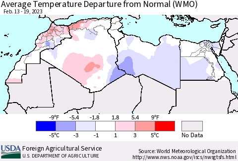 North Africa Average Temperature Departure from Normal (WMO) Thematic Map For 2/13/2023 - 2/19/2023