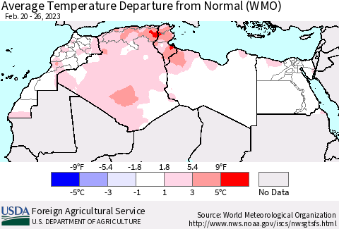 North Africa Average Temperature Departure from Normal (WMO) Thematic Map For 2/20/2023 - 2/26/2023