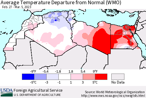 North Africa Average Temperature Departure from Normal (WMO) Thematic Map For 2/27/2023 - 3/5/2023