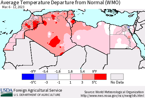 North Africa Average Temperature Departure from Normal (WMO) Thematic Map For 3/6/2023 - 3/12/2023
