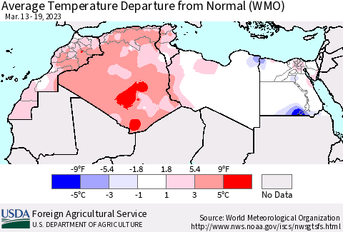 North Africa Average Temperature Departure from Normal (WMO) Thematic Map For 3/13/2023 - 3/19/2023