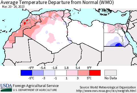 North Africa Average Temperature Departure from Normal (WMO) Thematic Map For 3/20/2023 - 3/26/2023