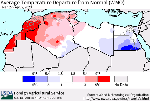 North Africa Average Temperature Departure from Normal (WMO) Thematic Map For 3/27/2023 - 4/2/2023