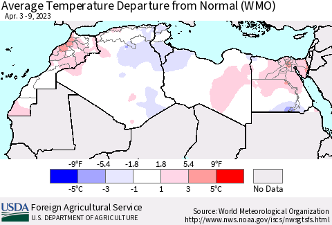 North Africa Average Temperature Departure from Normal (WMO) Thematic Map For 4/3/2023 - 4/9/2023
