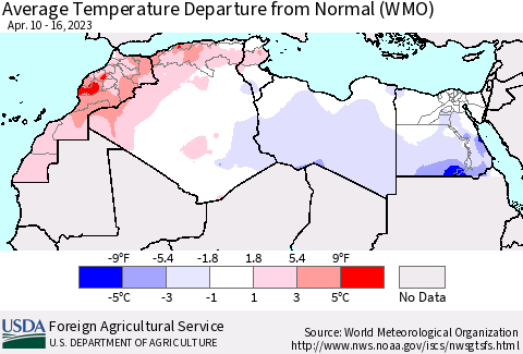North Africa Average Temperature Departure from Normal (WMO) Thematic Map For 4/10/2023 - 4/16/2023