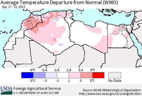 North Africa Average Temperature Departure from Normal (WMO) Thematic Map For 4/17/2023 - 4/23/2023